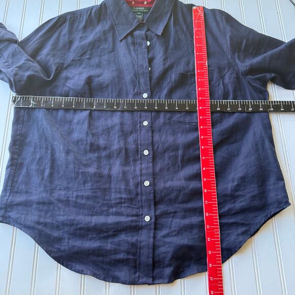 Lauren Ralph Lauren LINEN Navy Blue polkadot collar cuffs shirt size 1X - Picture 8 of 9